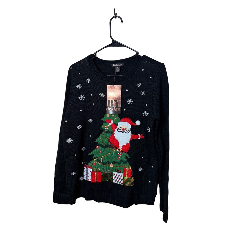 BYdesign Womens Santa Christmas Tree Sequin Ugly Sweater Black M